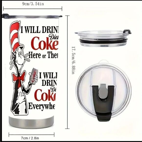 20 Oz Insulated Vacuum-Sealed Stainless Steel Cat in the Hat Diet Coke Tumbler - Picture 2 of 5